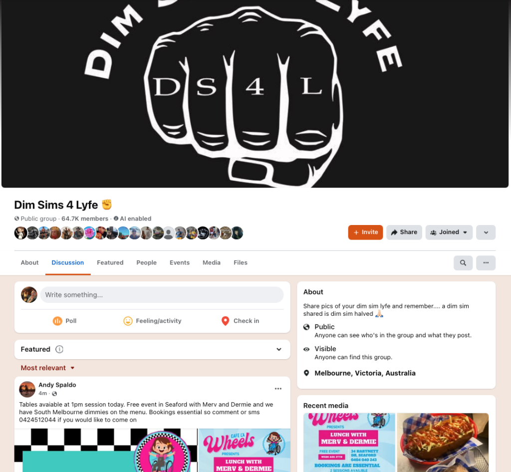 Screenshot of the Facebook group Dim Sims 4 Lyfe. The cover image shows a black background with a white fist design featuring the text “DS4L” across the fingers. The group has 64.7K members and is public. The description reads: “Share pics of your dim sim lyfe and remember… a dim sim shared is dim sim halved 🙏.” The page shows posts, including one advertising a free event in Seaford with South Melbourne dimmies on the menu.